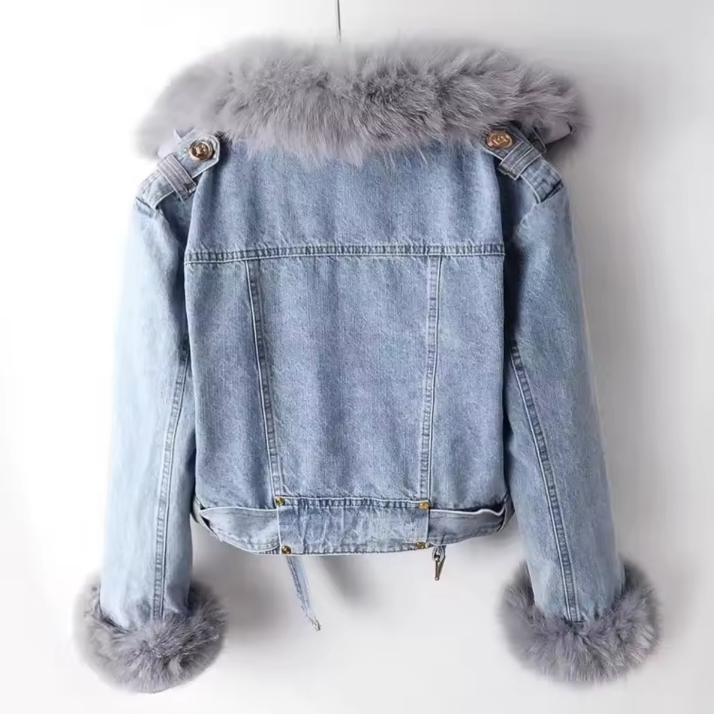 Denim Jacket With Faux Fur Warm Fur Collar Lined Denim Jacket Thicken - Picture 2 of 5